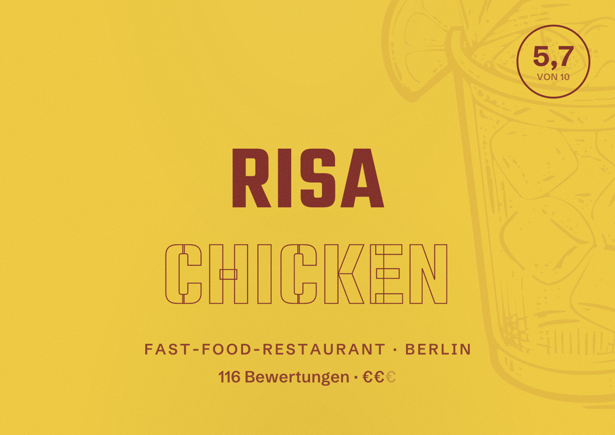Illustriertes Poster von Risa Chicken, Fast-Food-Restaurant in Berlin: Bewertung 5,7 von 10 aus 116 Bewertungen, Preisniveau €€