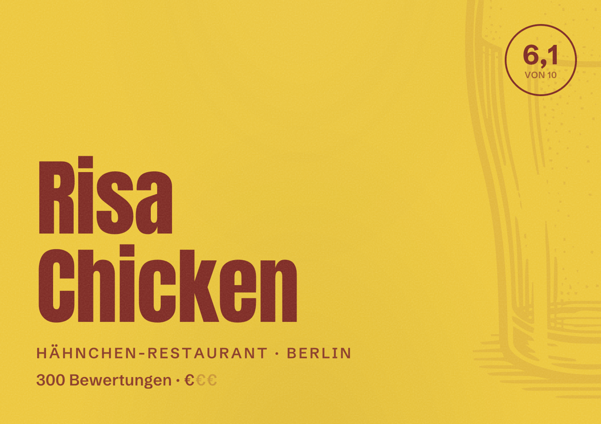 Illustriertes Poster von Risa Chicken, Hähnchen-Restaurant in Berlin: Bewertung 6,1 von 10 aus 300 Bewertungen, Preisniveau €