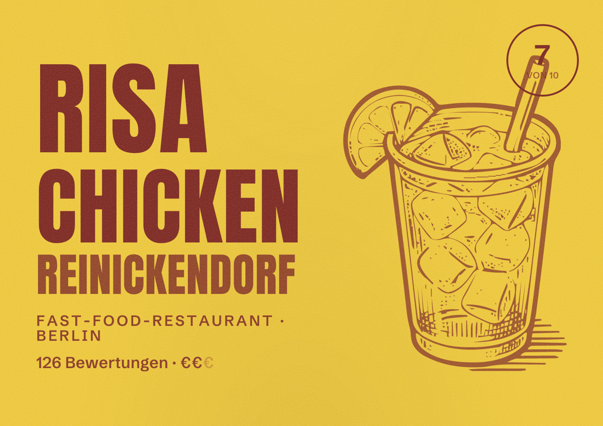 Illustriertes Poster von RISA Chicken Reinickendorf, Fast-Food-Restaurant in Berlin: Bewertung 7,0 von 10 aus 126 Bewertungen, Preisniveau €€