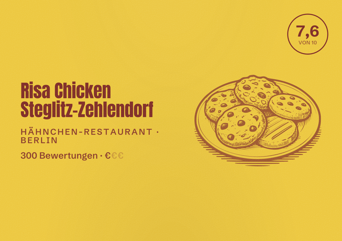 Illustriertes Poster von Risa Chicken Steglitz-Zehlendorf, Hähnchen-Restaurant in Berlin: Bewertung 7,6 von 10 aus 300 Bewertungen, Preisniveau €