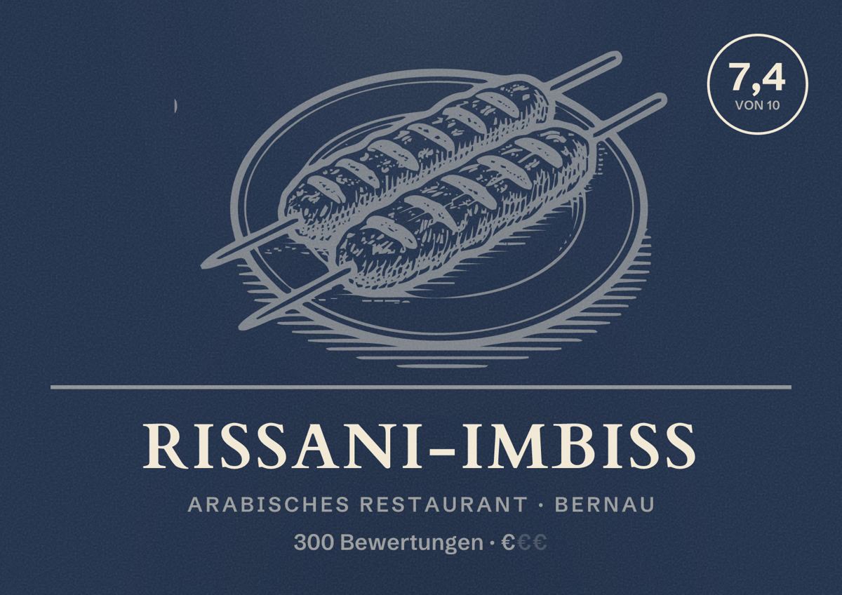 Illustriertes Poster von Rissani-Imbiss, Arabisches Restaurant in Bernau: Bewertung 7,4 von 10 aus 300 Bewertungen, Preisniveau €