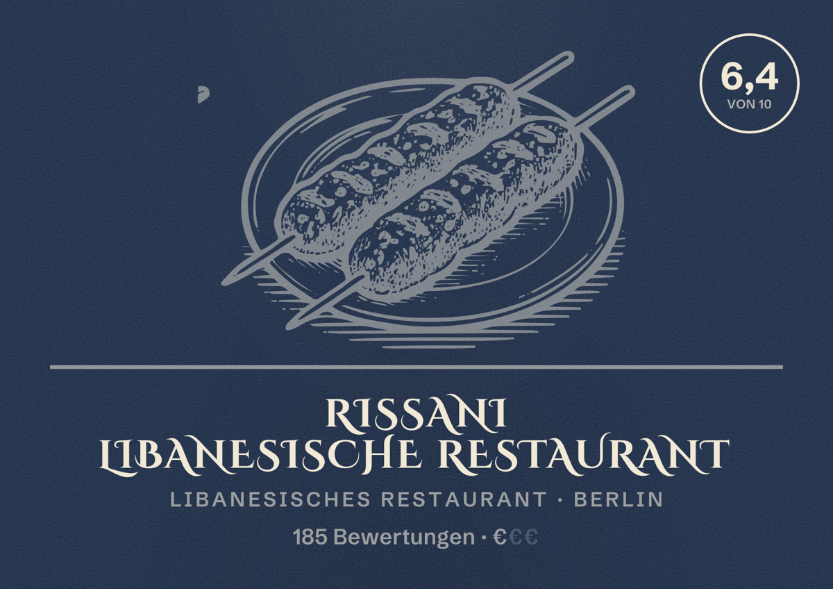 Illustriertes Poster von Rissani Libanesische Restaurant, Libanesisches Restaurant in Berlin: Bewertung 6,4 von 10 aus 185 Bewertungen, Preisniveau €