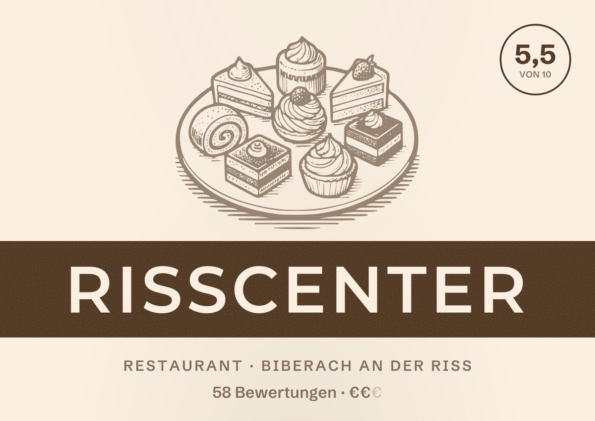Illustriertes Poster von Rißcenter, Restaurant in Biberach an der Riß: Bewertung 5,5 von 10 aus 58 Bewertungen, Preisniveau €€