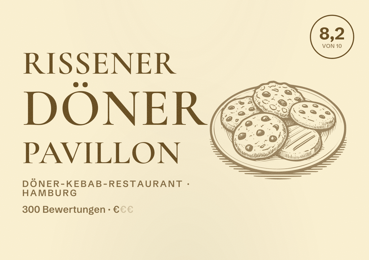 Illustriertes Poster von Rissener Döner Pavillon, Döner-Kebab-Restaurant in Hamburg: Bewertung 8,2 von 10 aus 300 Bewertungen, Preisniveau €