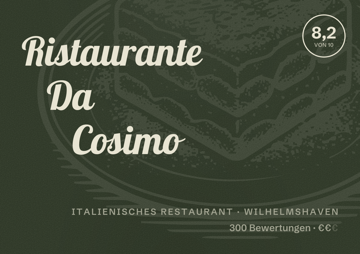 Illustriertes Poster von Ristaurante Da Cosimo, Italienisches Restaurant in Wilhelmshaven: Bewertung 8,2 von 10 aus 300 Bewertungen, Preisniveau €€