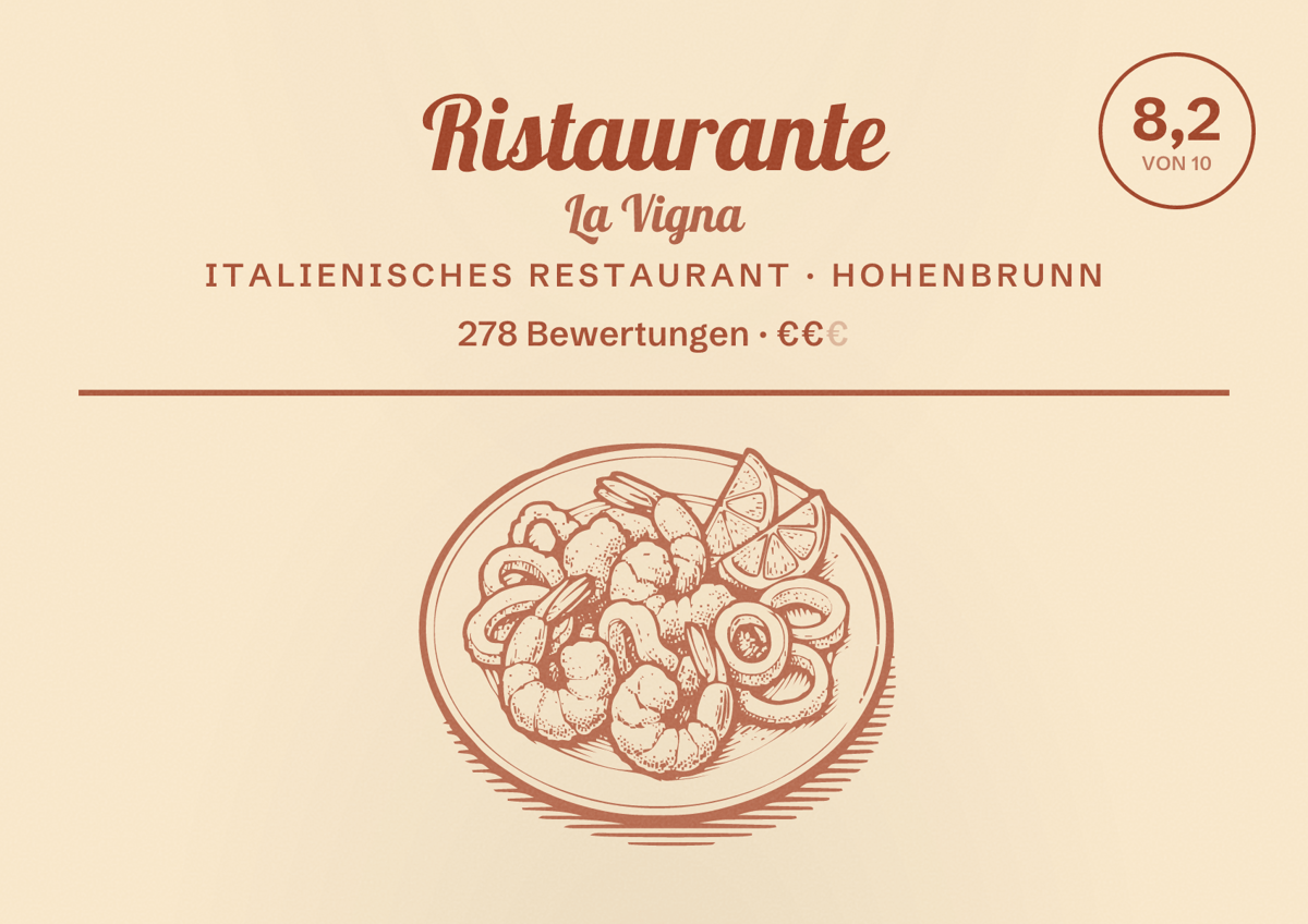 Illustriertes Poster von Ristaurante La Vigna, Italienisches Restaurant in Hohenbrunn: Bewertung 8,2 von 10 aus 278 Bewertungen, Preisniveau €€