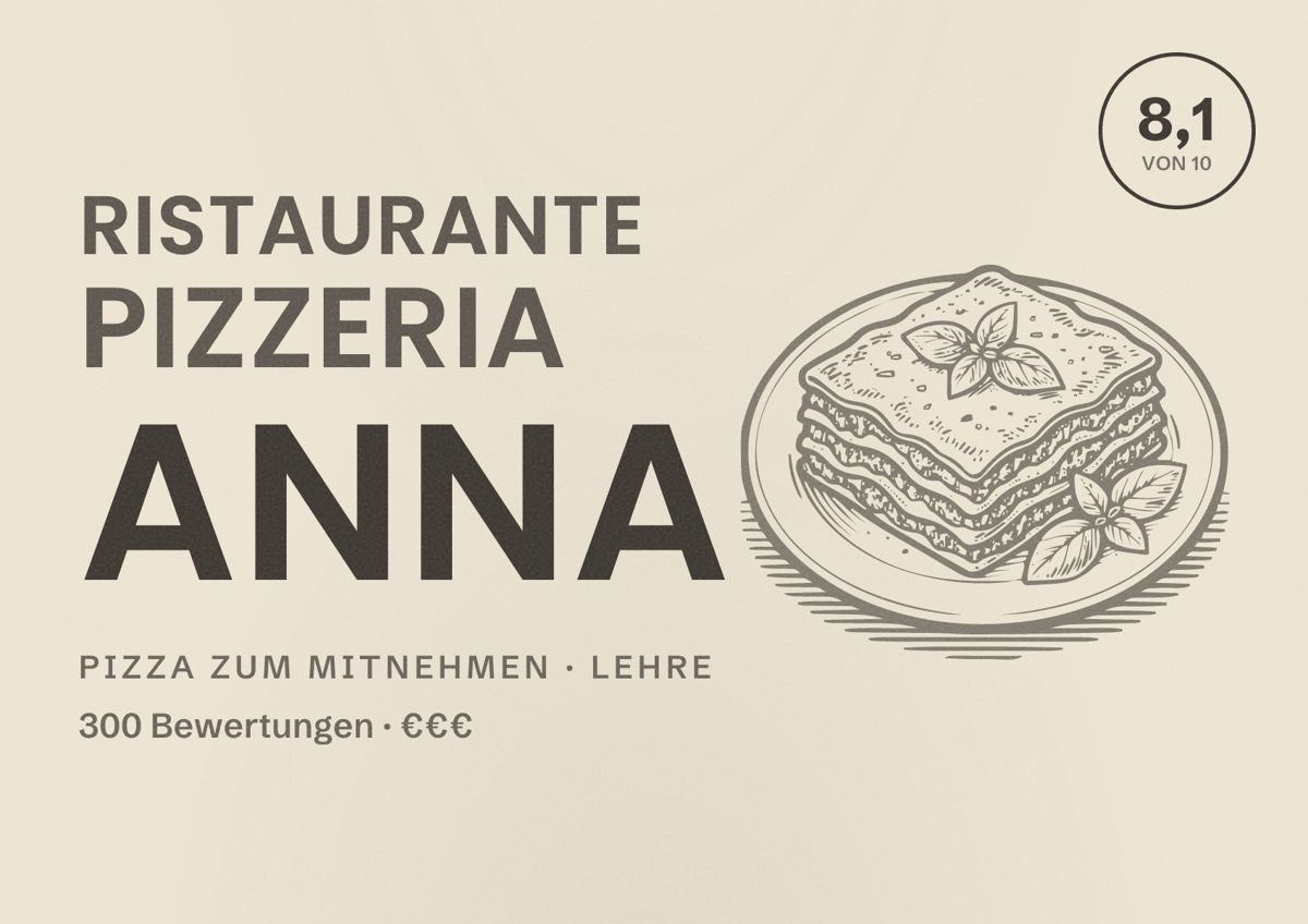 Illustriertes Poster von Ristaurante Pizzeria Anna, Pizza zum Mitnehmen in Lehre: Bewertung 8,1 von 10 aus 300 Bewertungen, Preisniveau €€€