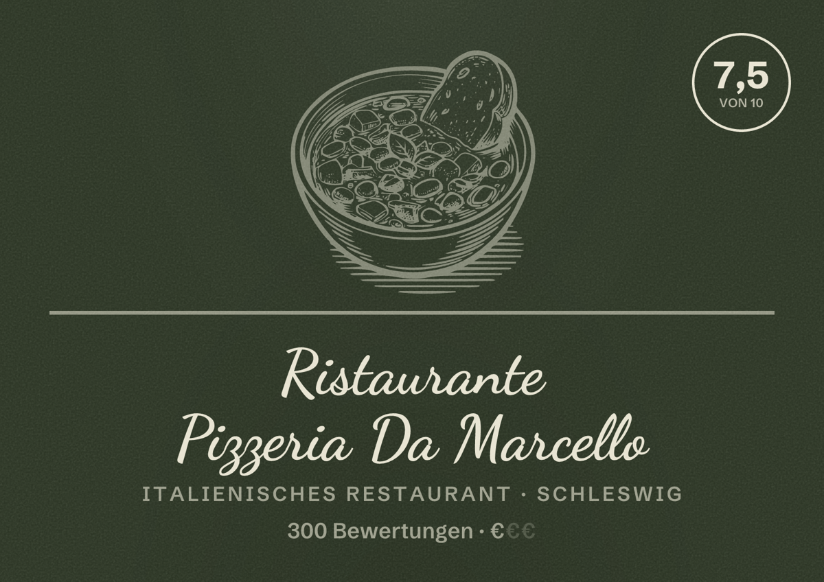 Illustriertes Poster von Ristaurante Pizzeria Da Marcello, Italienisches Restaurant in Schleswig: Bewertung 7,5 von 10 aus 300 Bewertungen, Preisniveau €