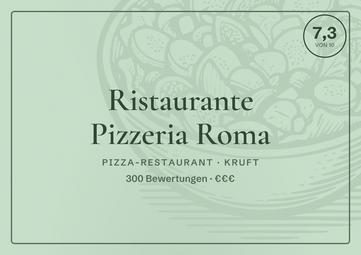Illustriertes Poster von Ristaurante Pizzeria Roma, Pizza-Restaurant in Kruft: Bewertung 7,3 von 10 aus 300 Bewertungen, Preisniveau €€€