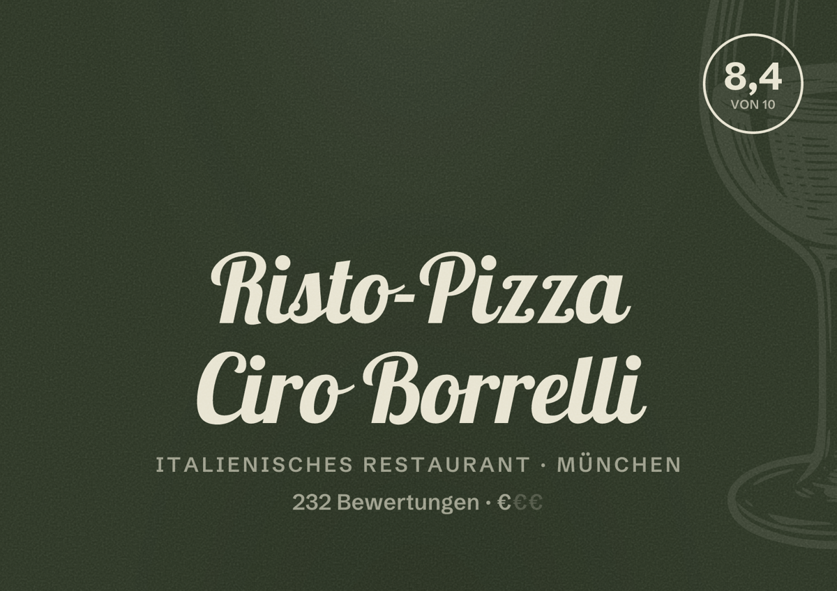Illustriertes Poster von Risto-Pizza Ciro Borrelli, Italienisches Restaurant in München: Bewertung 8,4 von 10 aus 232 Bewertungen, Preisniveau €