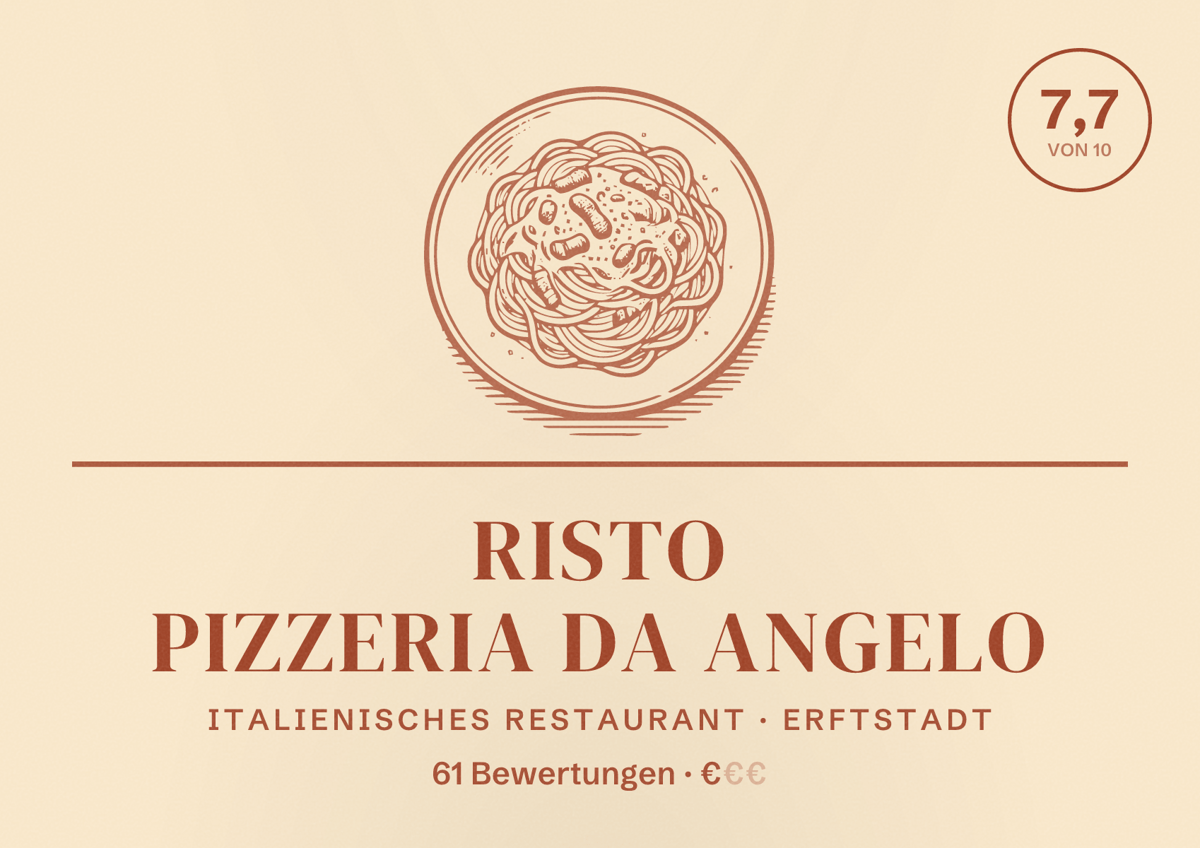 Illustriertes Poster von Risto Pizzeria da Angelo, Italienisches Restaurant in Erftstadt: Bewertung 7,7 von 10 aus 61 Bewertungen, Preisniveau €