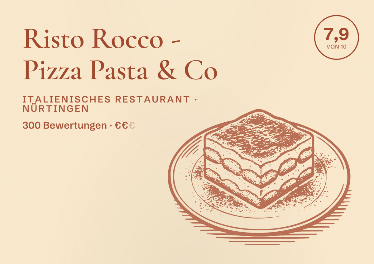 Illustriertes Poster von Risto Rocco - Pizza Pasta & Co, Italienisches Restaurant in Nürtingen: Bewertung 7,9 von 10 aus 300 Bewertungen, Preisniveau €€