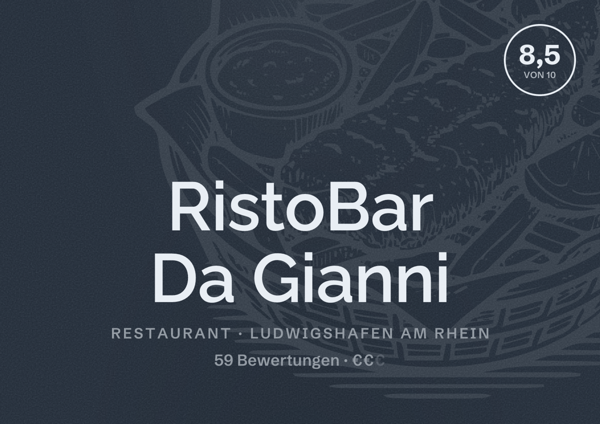 Illustriertes Poster von RistoBar Da Gianni, Restaurant in Ludwigshafen am Rhein: Bewertung 8,5 von 10 aus 59 Bewertungen, Preisniveau €€
