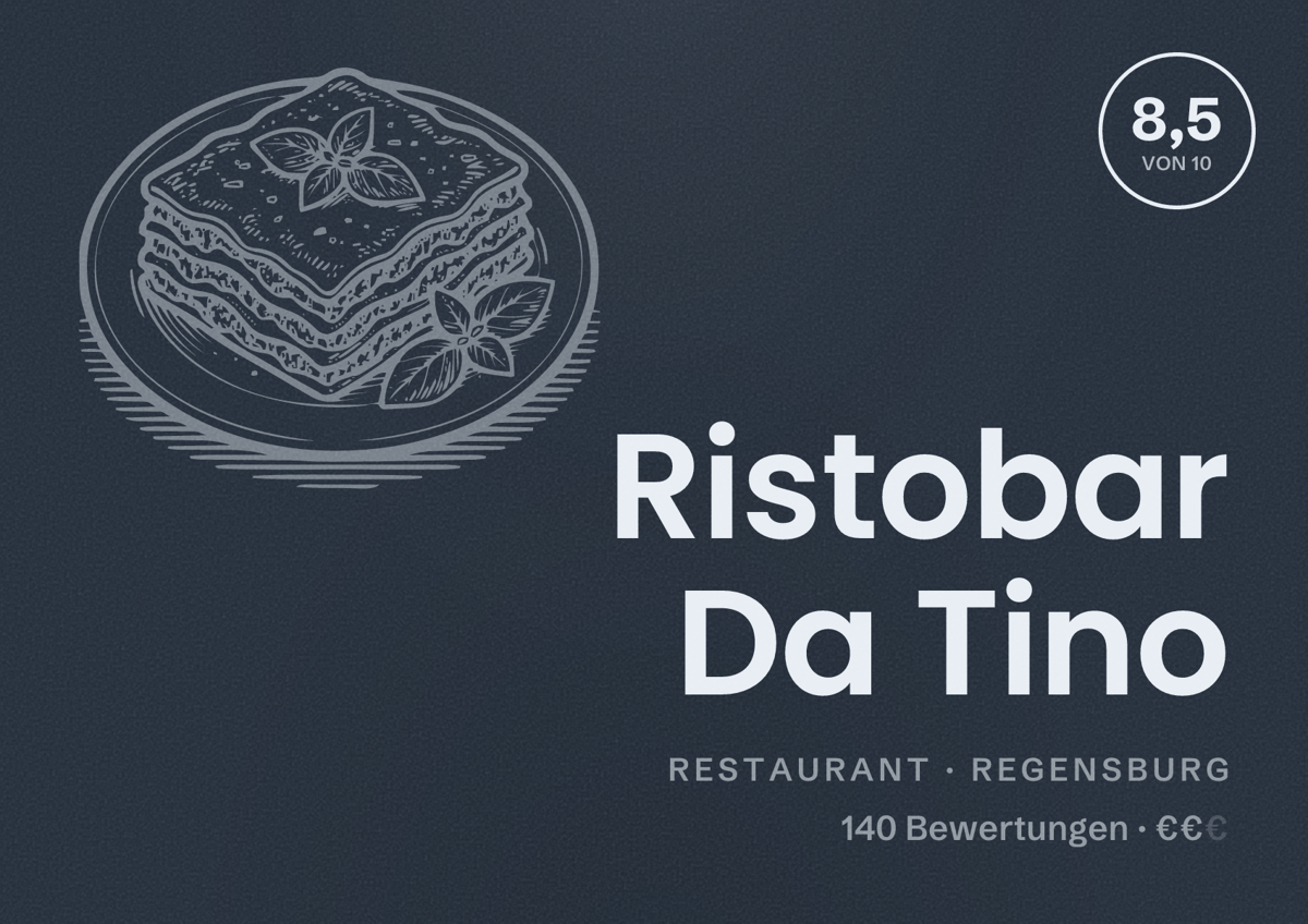 Illustriertes Poster von Ristobar Da Tino, Restaurant in Regensburg: Bewertung 8,5 von 10 aus 140 Bewertungen, Preisniveau €€
