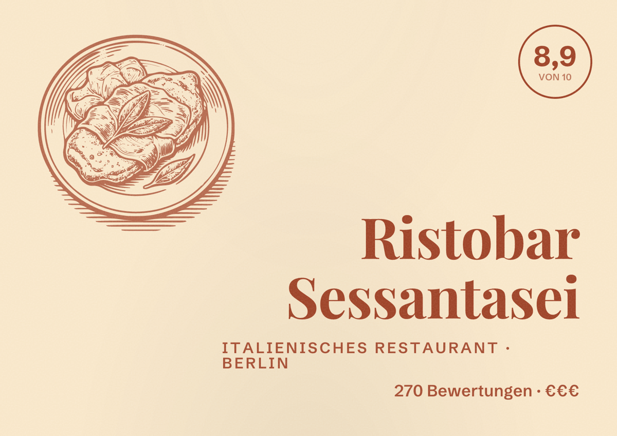 Illustriertes Poster von Ristobar Sessantasei, Italienisches Restaurant in Berlin: Bewertung 8,9 von 10 aus 270 Bewertungen, Preisniveau €€€