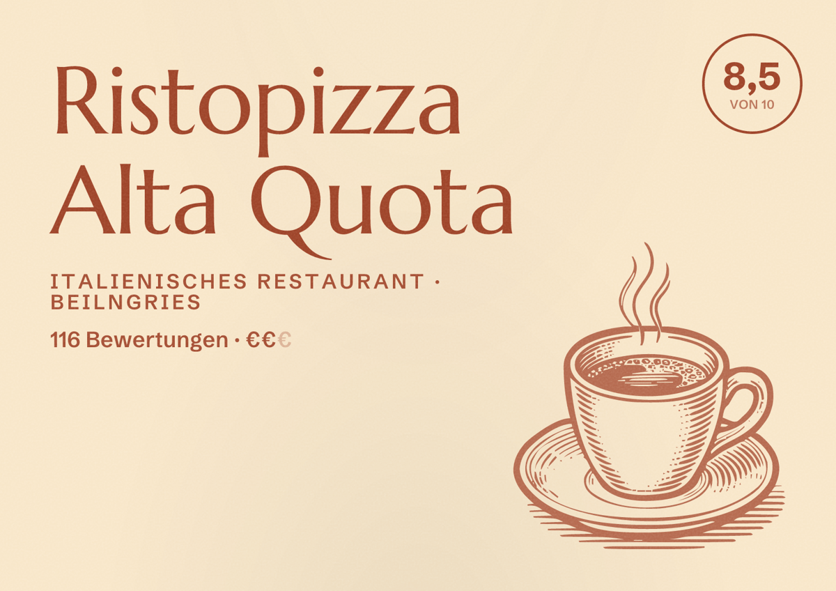 Illustriertes Poster von Ristopizza Alta Quota, Italienisches Restaurant in Beilngries: Bewertung 8,5 von 10 aus 116 Bewertungen, Preisniveau €€