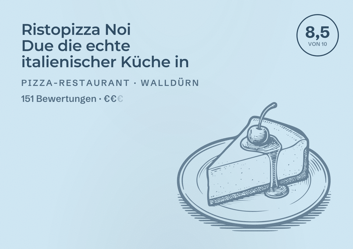 Illustriertes Poster von Ristopizza Noi Due die echte italienischer Küche in, Pizza-Restaurant in Walldürn: Bewertung 8,5 von 10 aus 151 Bewertungen, Preisniveau €€