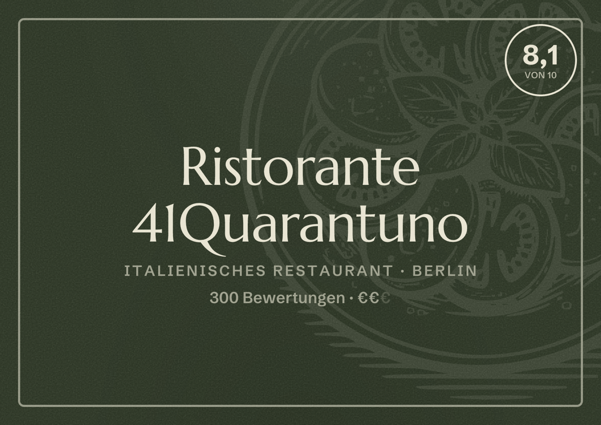 Illustriertes Poster von Ristorante 41Quarantuno, Italienisches Restaurant in Berlin: Bewertung 8,1 von 10 aus 300 Bewertungen, Preisniveau €€