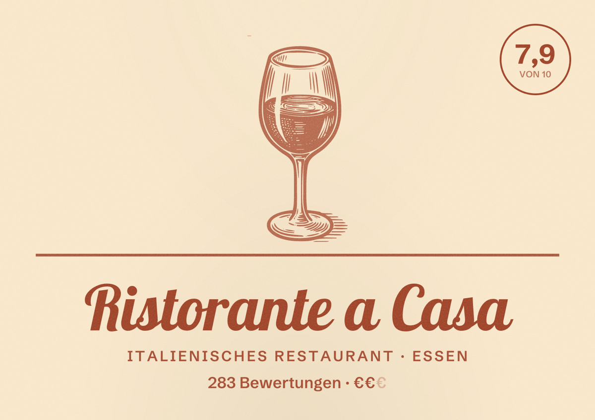 Illustriertes Poster von Ristorante a Casa, Italienisches Restaurant in Essen: Bewertung 7,9 von 10 aus 283 Bewertungen, Preisniveau €€