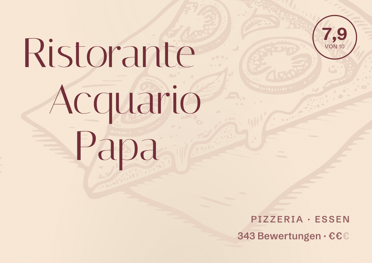 Illustriertes Poster von Ristorante Acquario Papa, Pizzeria in Essen: Bewertung 7,9 von 10 aus 343 Bewertungen, Preisniveau €€