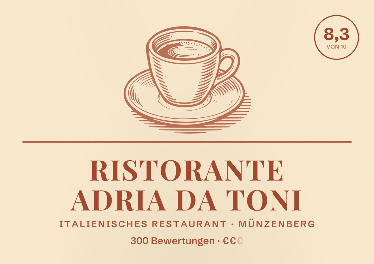 Illustriertes Poster von Ristorante Adria da Toni, Italienisches Restaurant in Münzenberg: Bewertung 8,3 von 10 aus 300 Bewertungen, Preisniveau €€