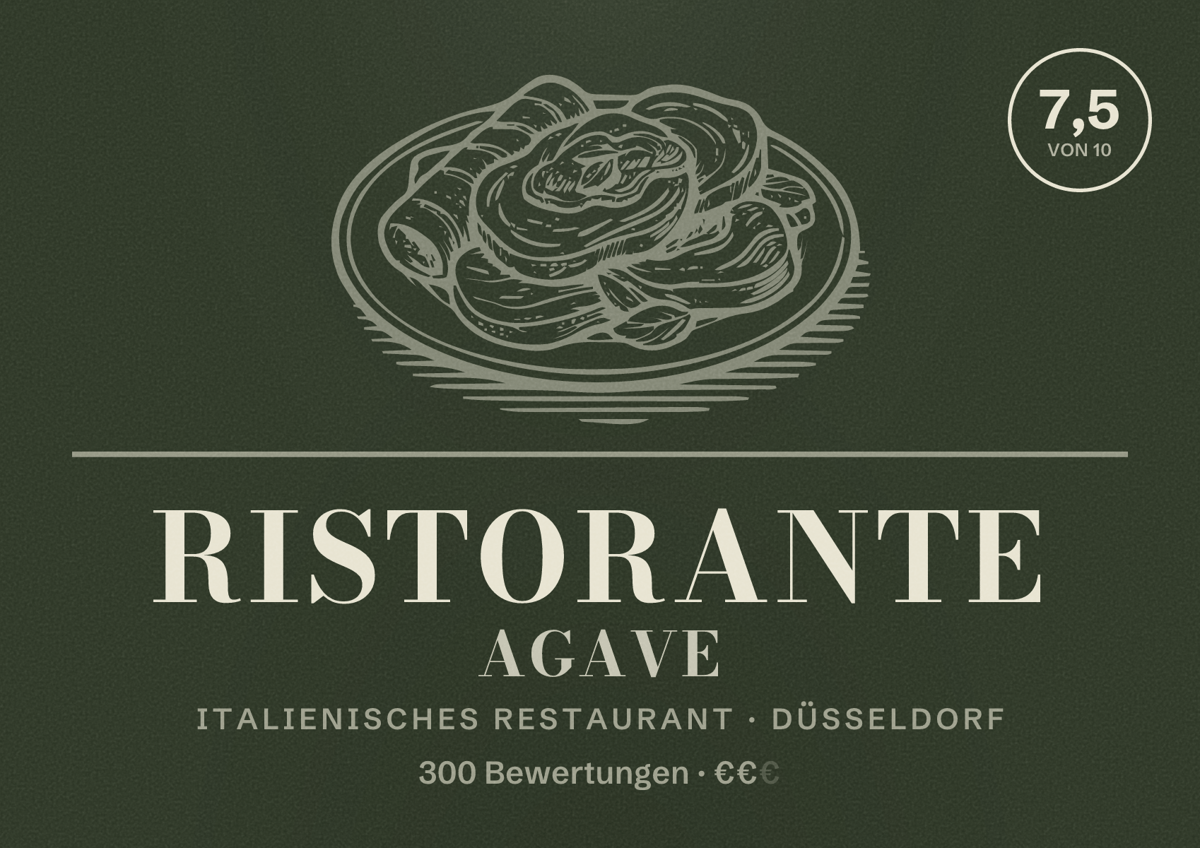 Illustriertes Poster von Ristorante Agave, Italienisches Restaurant in Düsseldorf: Bewertung 7,5 von 10 aus 300 Bewertungen, Preisniveau €€