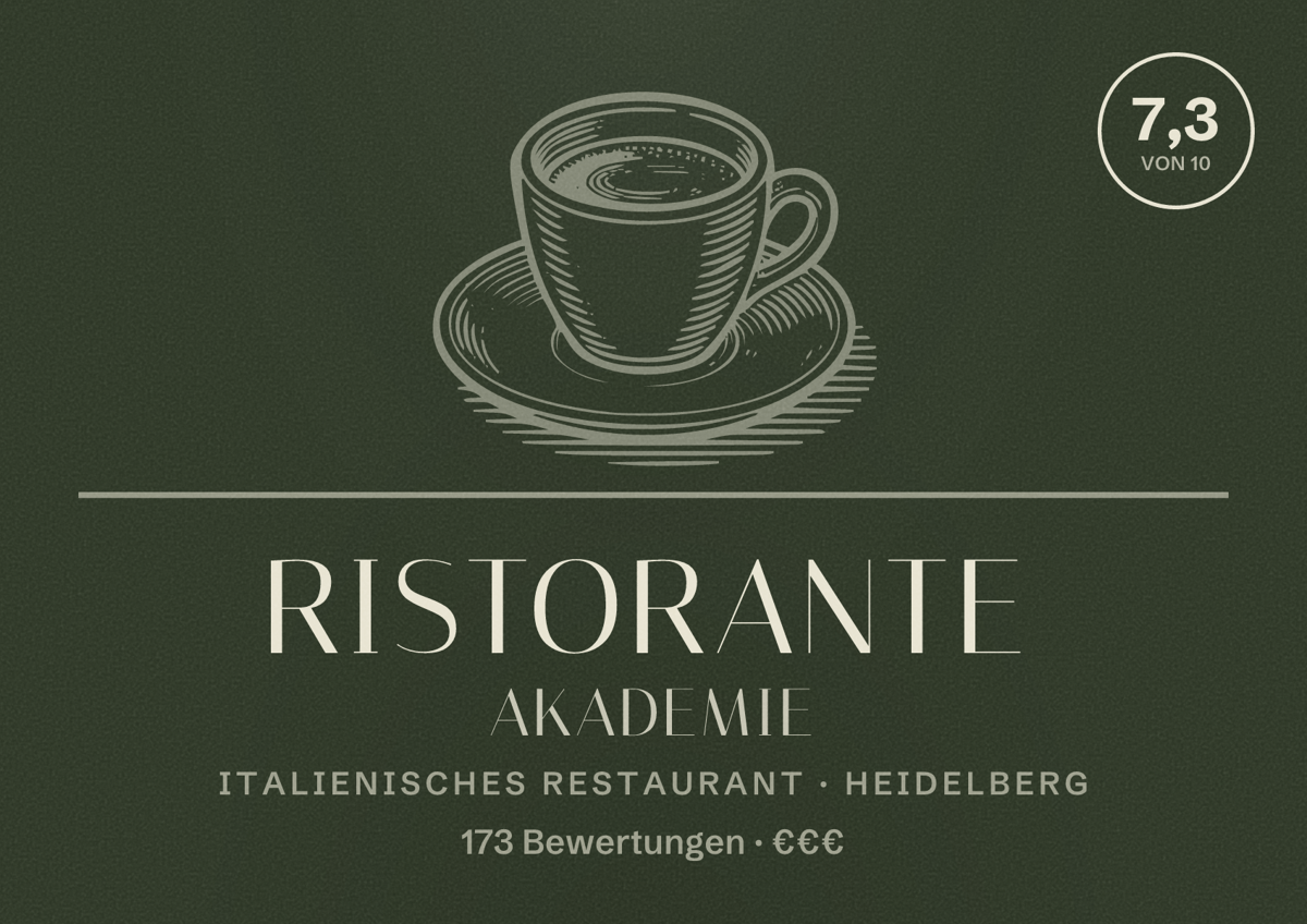 Illustriertes Poster von Ristorante Akademie, Italienisches Restaurant in Heidelberg: Bewertung 7,3 von 10 aus 173 Bewertungen, Preisniveau €€€