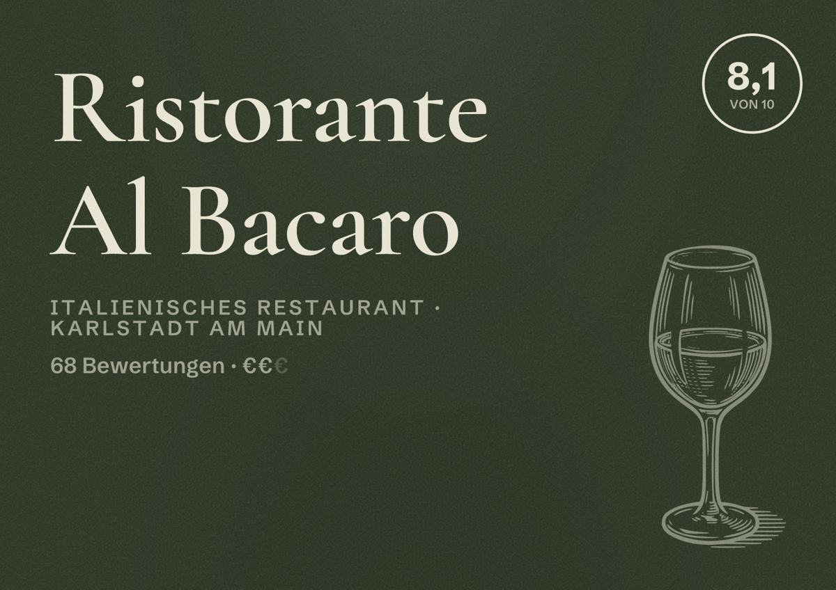Illustriertes Poster von Ristorante Al Bacaro, Italienisches Restaurant in Karlstadt am Main: Bewertung 8,1 von 10 aus 68 Bewertungen, Preisniveau €€