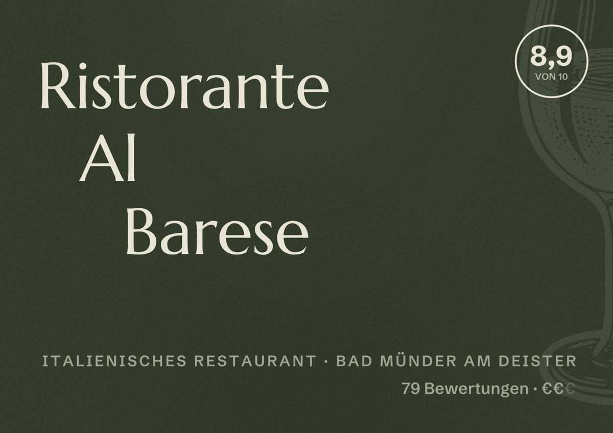 Illustriertes Poster von Ristorante Al Barese, Italienisches Restaurant in Bad Münder am Deister: Bewertung 8,9 von 10 aus 79 Bewertungen, Preisniveau €€