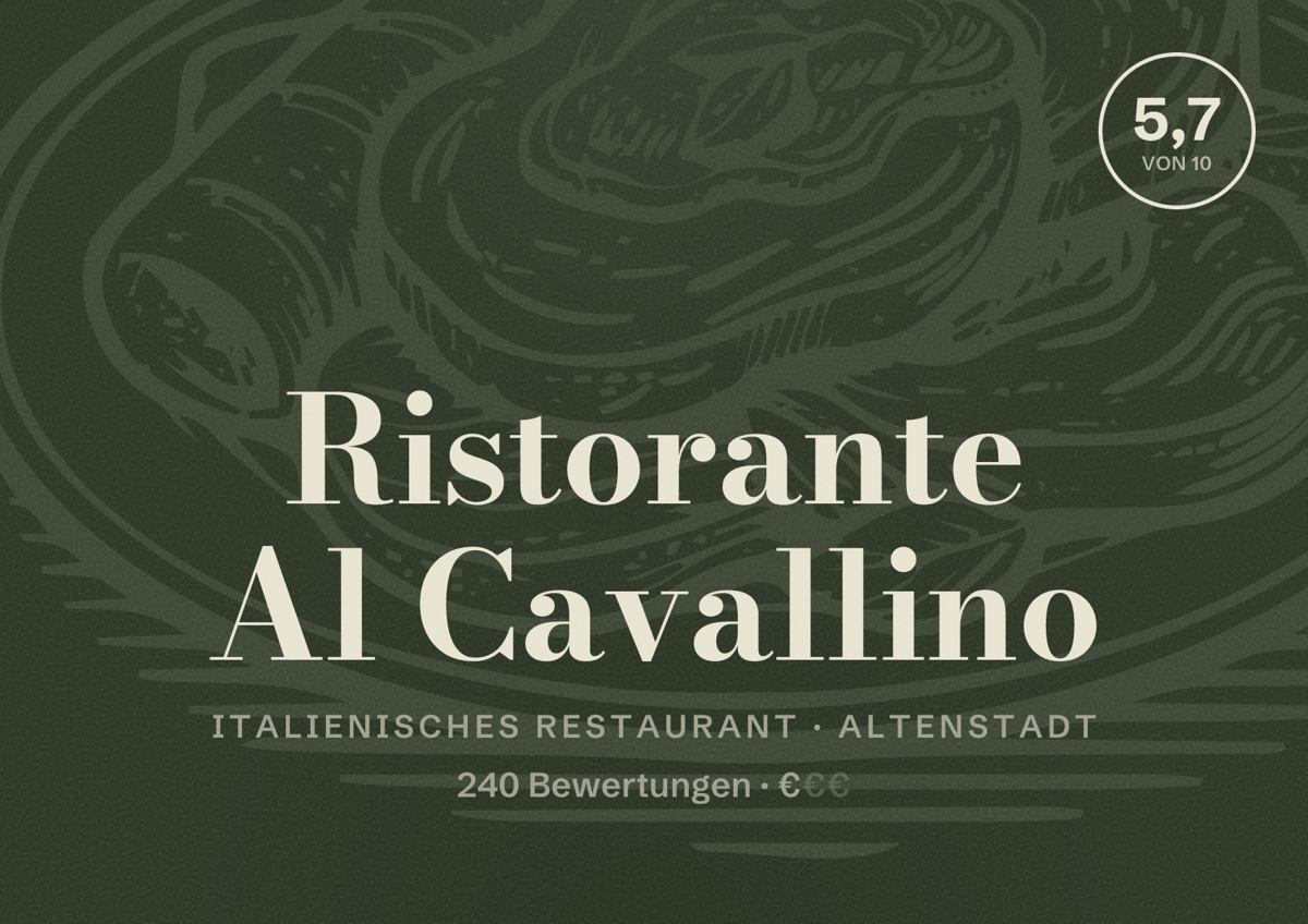 Illustriertes Poster von Ristorante Al Cavallino, Italienisches Restaurant in Altenstadt: Bewertung 5,7 von 10 aus 240 Bewertungen, Preisniveau €