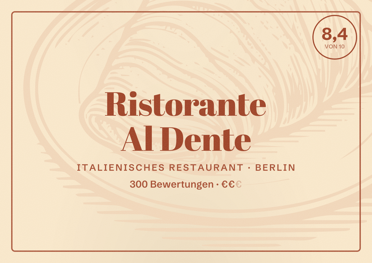 Illustriertes Poster von Ristorante Al Dente, Italienisches Restaurant in Berlin: Bewertung 8,4 von 10 aus 300 Bewertungen, Preisniveau €€