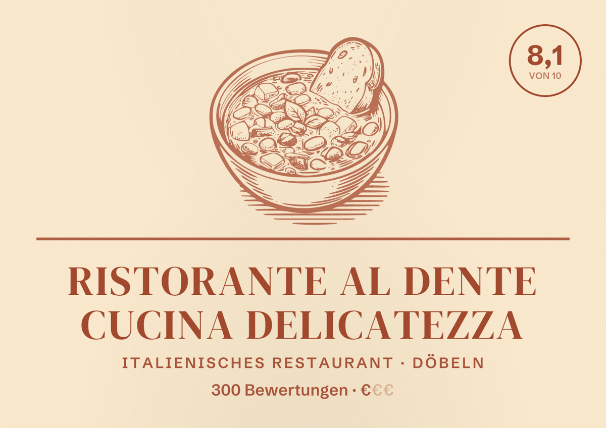 Illustriertes Poster von Ristorante Al Dente Cucina Delicatezza, Italienisches Restaurant in Döbeln: Bewertung 8,1 von 10 aus 300 Bewertungen, Preisniveau €