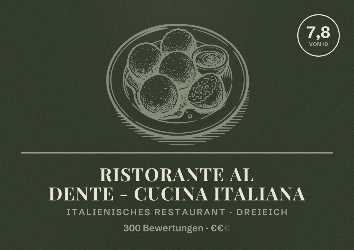Illustriertes Poster von Ristorante al dente - cucina italiana, Italienisches Restaurant in Dreieich: Bewertung 7,8 von 10 aus 300 Bewertungen, Preisniveau €€