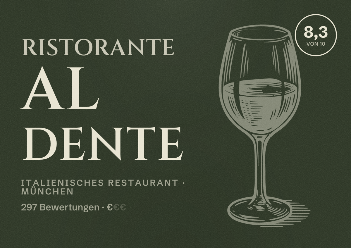 Illustriertes Poster von Ristorante Al Dente, Italienisches Restaurant in München: Bewertung 8,3 von 10 aus 297 Bewertungen, Preisniveau €