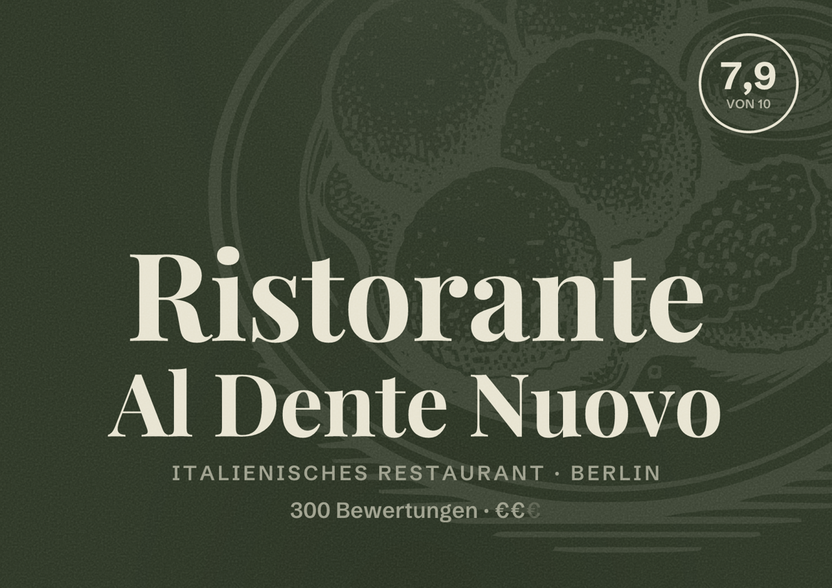 Illustriertes Poster von Ristorante Al Dente Nuovo, Italienisches Restaurant in Berlin: Bewertung 7,9 von 10 aus 300 Bewertungen, Preisniveau €€