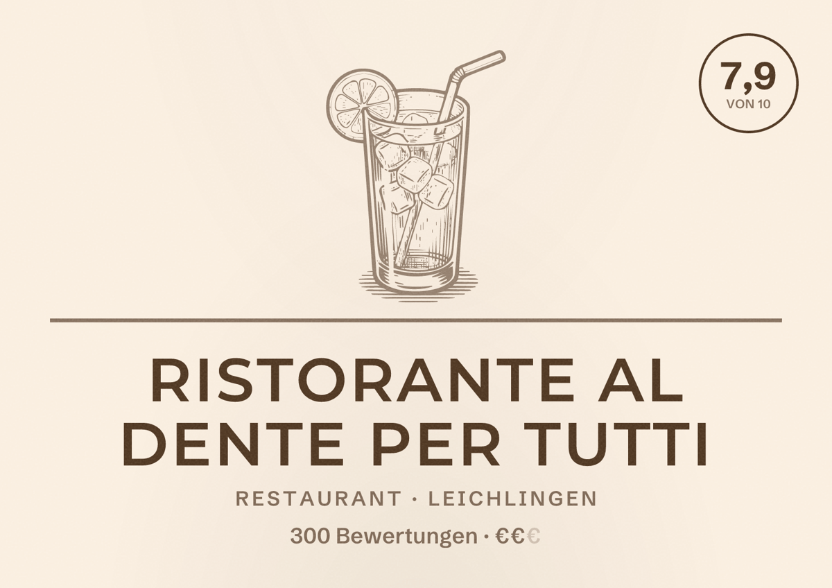 Illustriertes Poster von Ristorante al dente per tutti, Restaurant in Leichlingen: Bewertung 7,9 von 10 aus 300 Bewertungen, Preisniveau €€