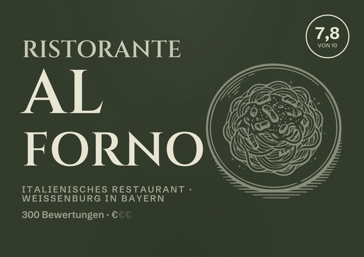 Illustriertes Poster von Ristorante Al Forno, Italienisches Restaurant in Weißenburg in Bayern: Bewertung 7,8 von 10 aus 300 Bewertungen, Preisniveau €
