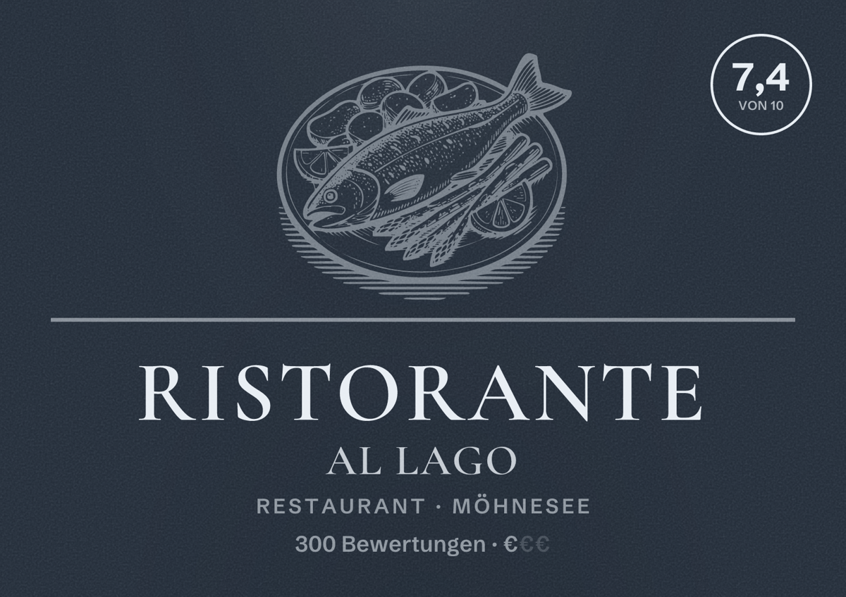 Illustriertes Poster von Ristorante Al Lago, Restaurant in Möhnesee: Bewertung 7,4 von 10 aus 300 Bewertungen, Preisniveau €