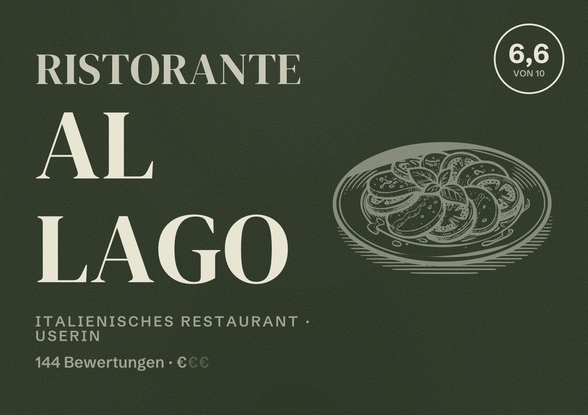 Illustriertes Poster von Ristorante Al Lago, Italienisches Restaurant in Userin: Bewertung 6,6 von 10 aus 144 Bewertungen, Preisniveau €
