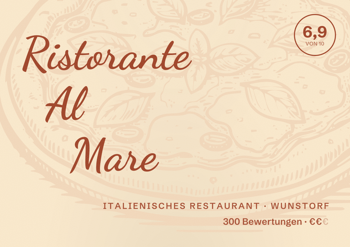 Illustriertes Poster von Ristorante Al Mare, Italienisches Restaurant in Wunstorf: Bewertung 6,9 von 10 aus 300 Bewertungen, Preisniveau €€