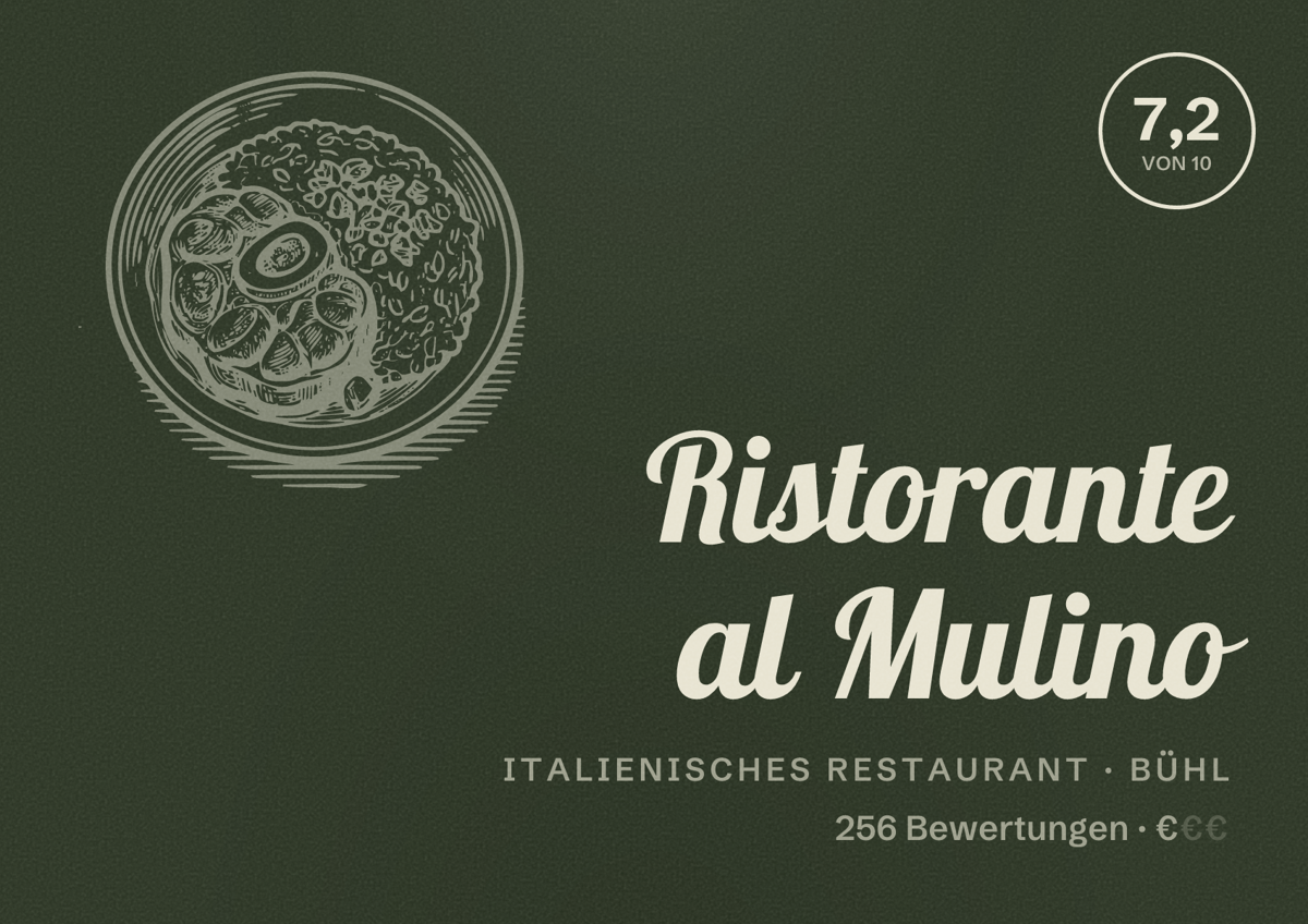 Illustriertes Poster von Ristorante al Mulino, Italienisches Restaurant in Bühl: Bewertung 7,2 von 10 aus 256 Bewertungen, Preisniveau €