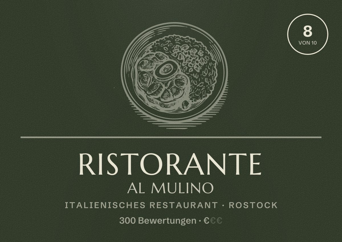 Illustriertes Poster von Ristorante al Mulino, Italienisches Restaurant in Rostock: Bewertung 8,0 von 10 aus 300 Bewertungen, Preisniveau €