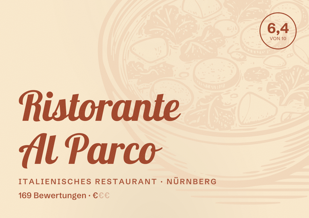 Illustriertes Poster von Ristorante Al Parco, Italienisches Restaurant in Nürnberg: Bewertung 6,4 von 10 aus 169 Bewertungen, Preisniveau €