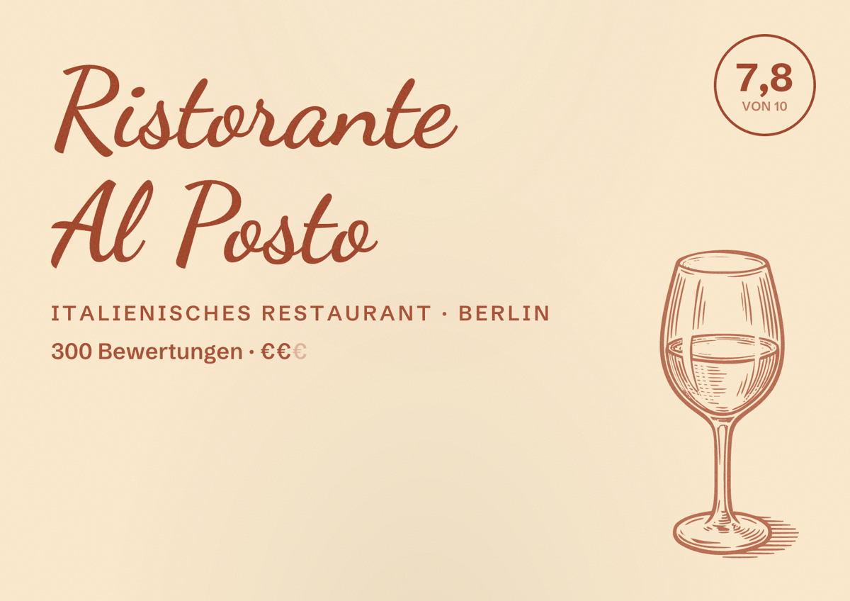 Illustriertes Poster von Ristorante Al Posto, Italienisches Restaurant in Berlin: Bewertung 7,8 von 10 aus 300 Bewertungen, Preisniveau €€