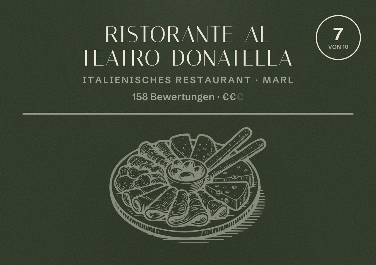 Illustriertes Poster von Ristorante Al Teatro Donatella, Italienisches Restaurant in Marl: Bewertung 7 von 10 aus 158 Bewertungen, Preisniveau €€