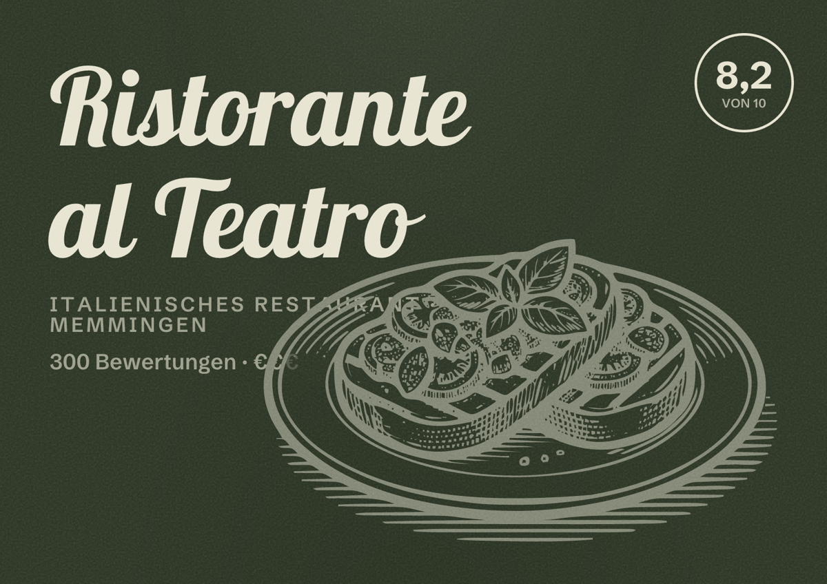 Illustriertes Poster von Ristorante al Teatro, Italienisches Restaurant in Memmingen: Bewertung 8,2 von 10 aus 300 Bewertungen, Preisniveau €€