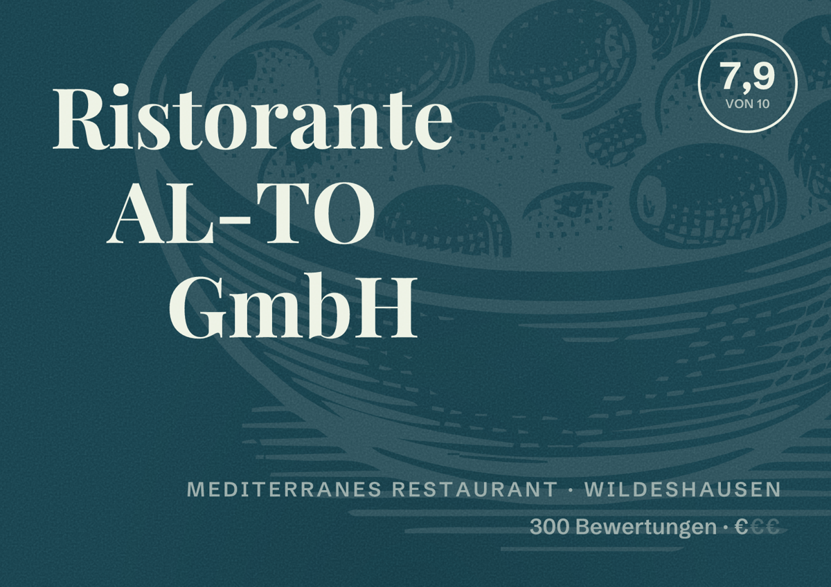 Illustriertes Poster von Ristorante AL-TO GmbH, Mediterranes Restaurant in Wildeshausen: Bewertung 7,9 von 10 aus 300 Bewertungen, Preisniveau €