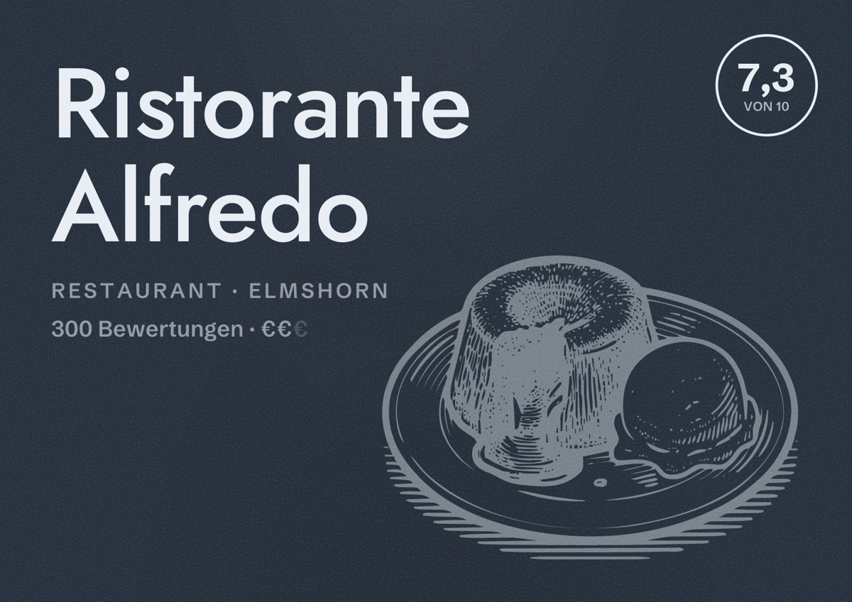 Illustriertes Poster von Ristorante Alfredo, Restaurant in Elmshorn: Bewertung 7,3 von 10 aus 300 Bewertungen, Preisniveau €€