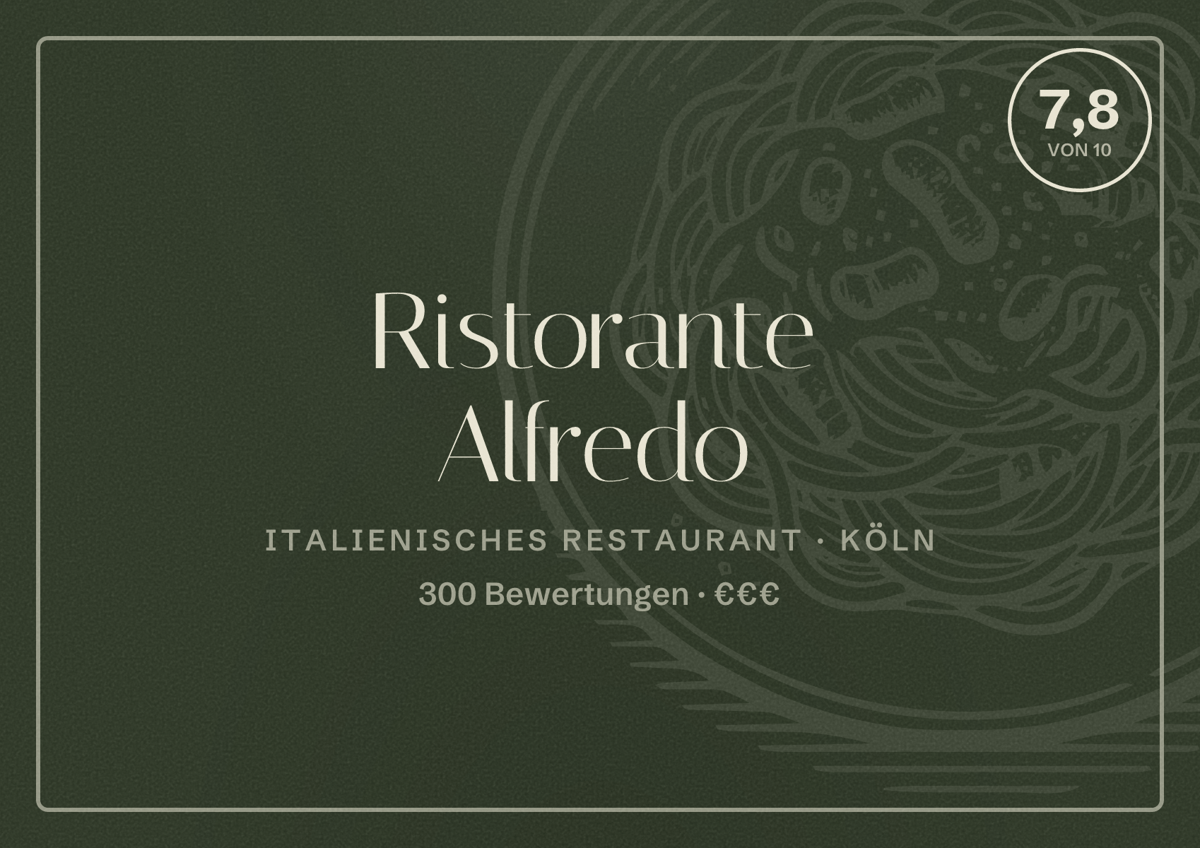 Illustriertes Poster von Ristorante Alfredo, Italienisches Restaurant in Köln: Bewertung 7,8 von 10 aus 300 Bewertungen, Preisniveau €€€