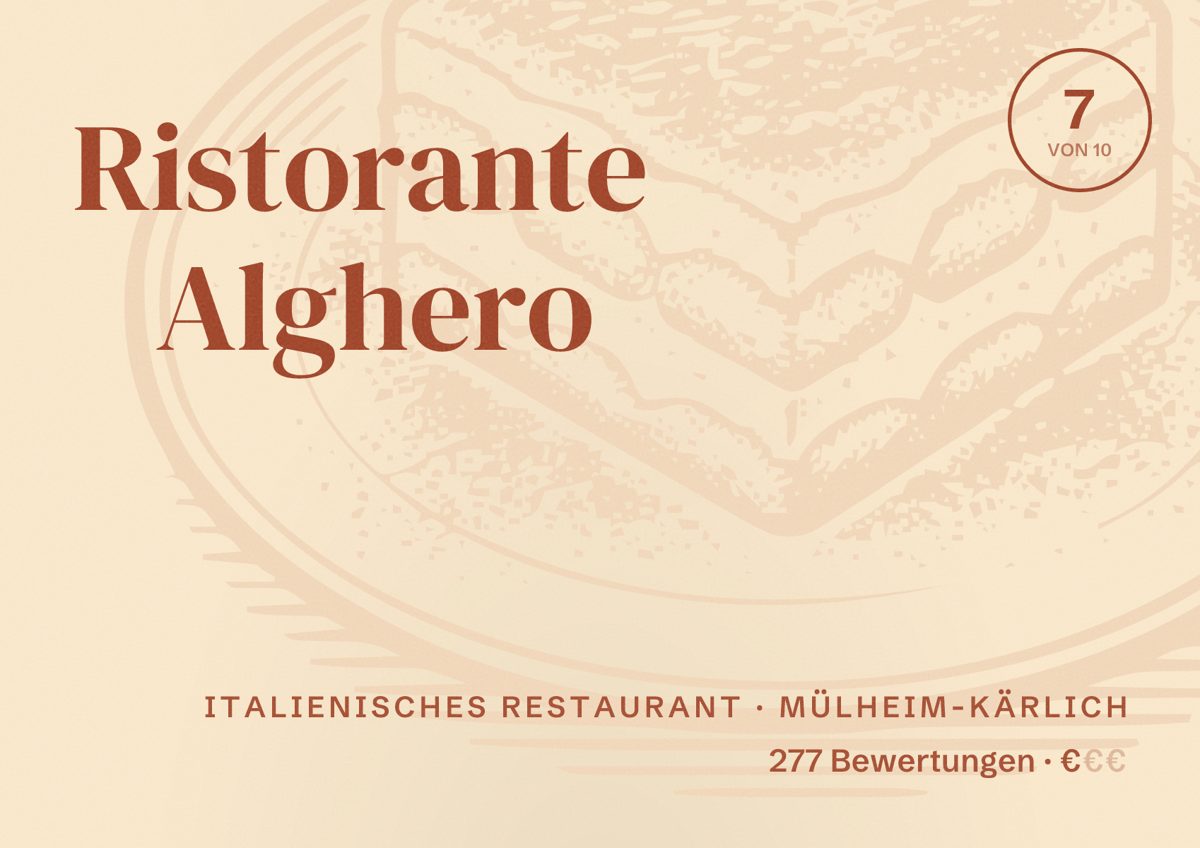 Illustriertes Poster von Ristorante Alghero, Italienisches Restaurant in Mülheim-Kärlich: Bewertung 7 von 10 aus 277 Bewertungen, Preisniveau €